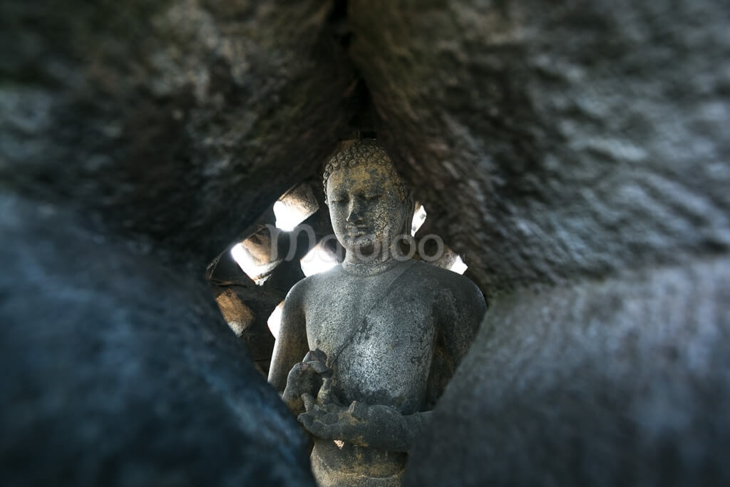 A close-up of a Buddha statue inside a stupa at Borobudur Temple.