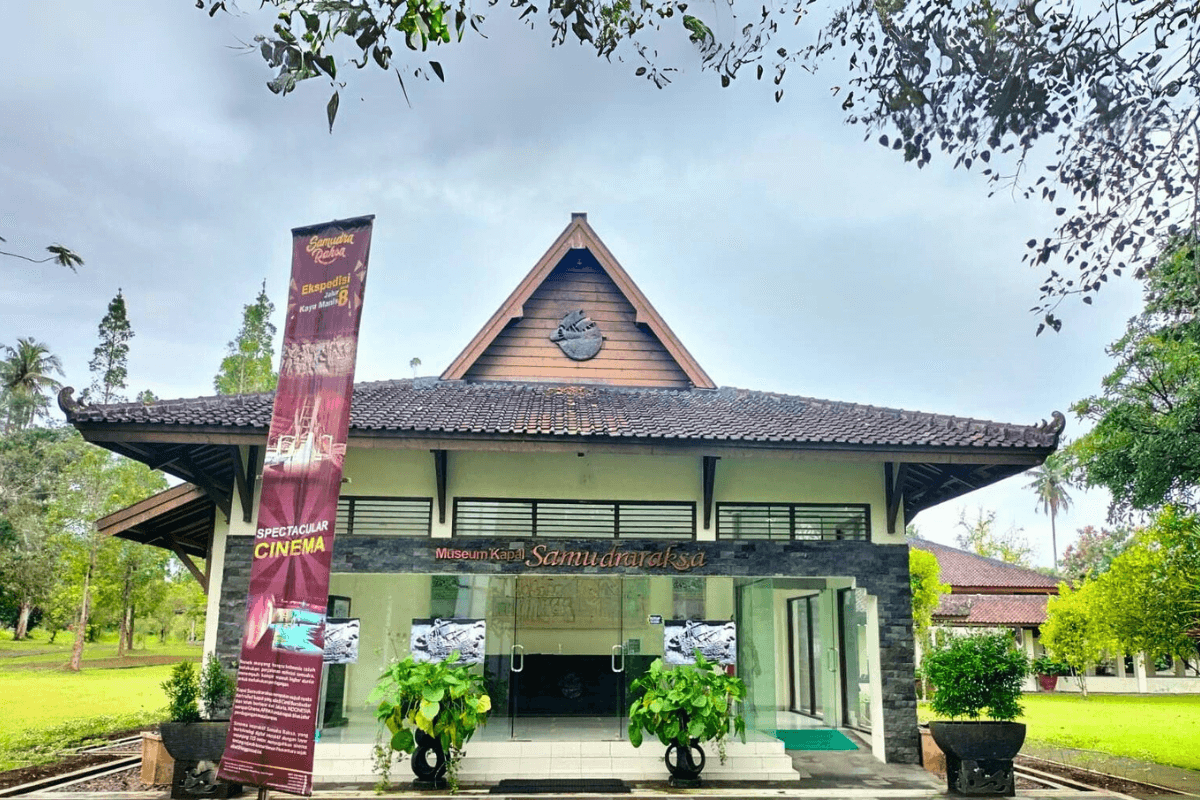 Front entrance of Ocean Ship Samudraraksa Museum with a large banner and greenery.