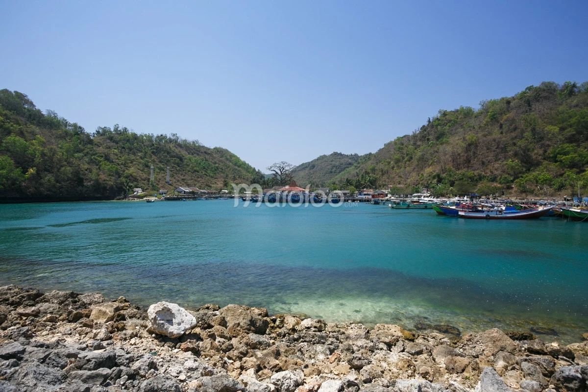 View of Sadeng Beach with its clear turquoise waters and a fishing port filled with colorful boats, nestled between green limestone hills.