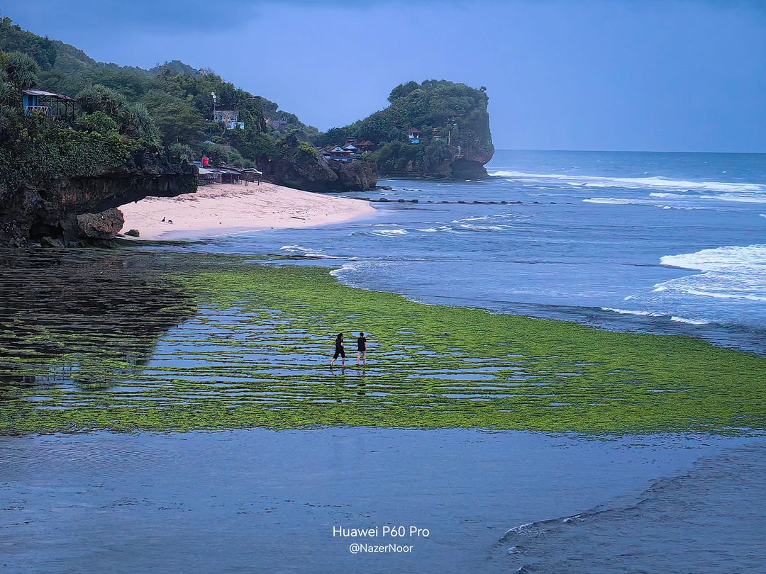 Two people walking on the algae-covered shore at Sundak Beach with rocky cliffs and blue waves in the background.