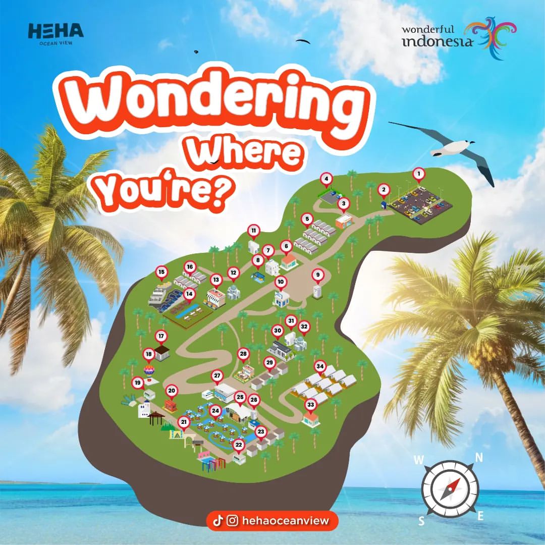 Colorful map of HeHa Ocean View with various attractions labeled, and a guide map listing all the points of interest.