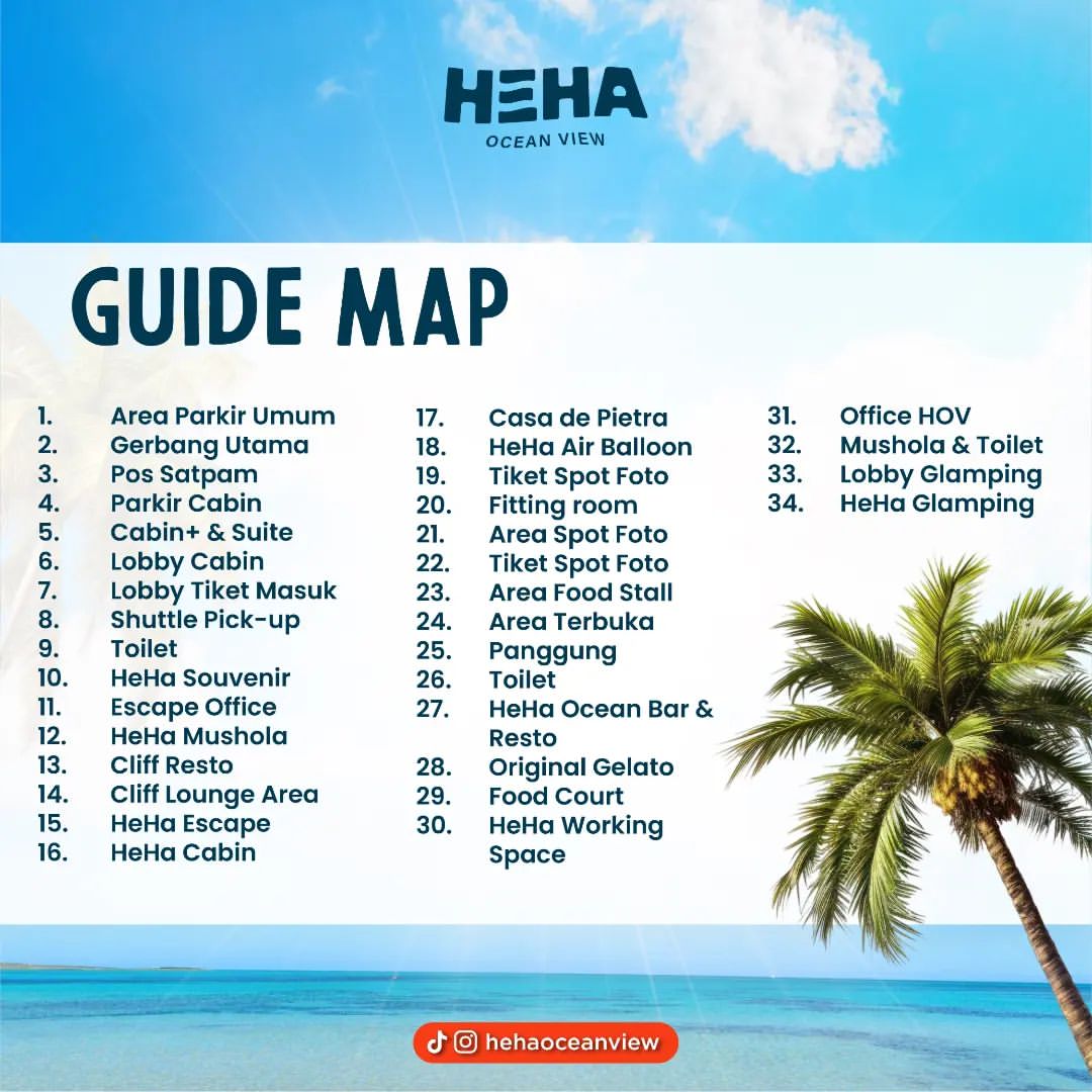 Colorful map of HeHa Ocean View with various attractions labeled, and a guide map listing all the points of interest.