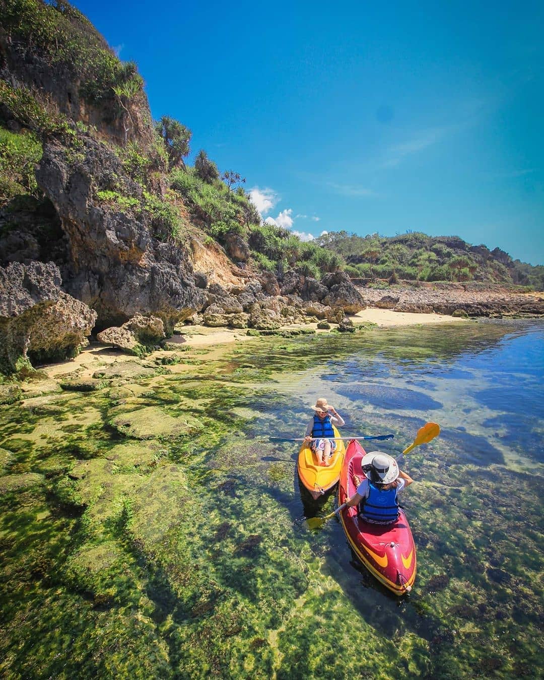 Two people kayaking in clear water near rocky cliffs and green vegetation.