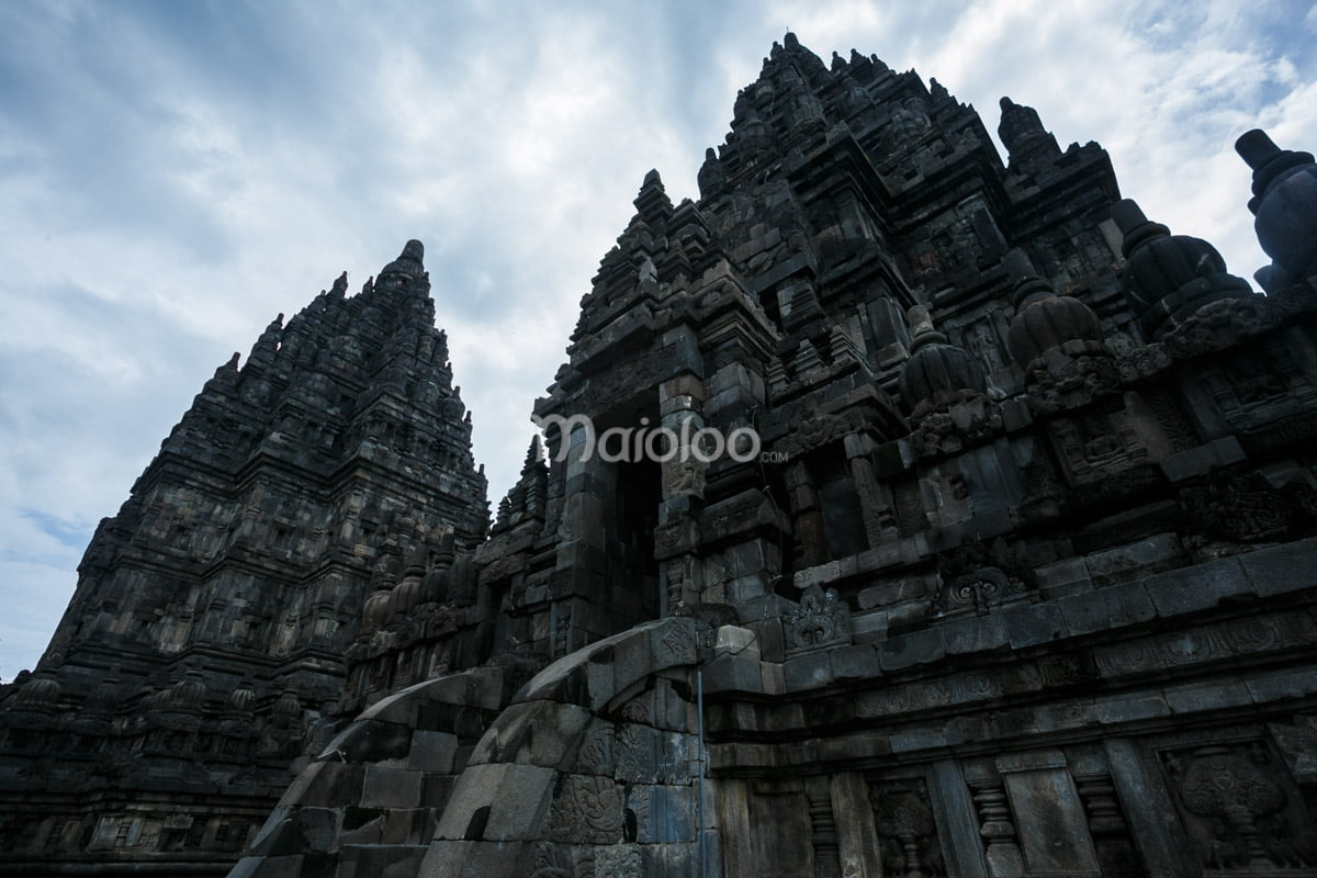 Close-up of the detailed architecture of Prambanan Temple.