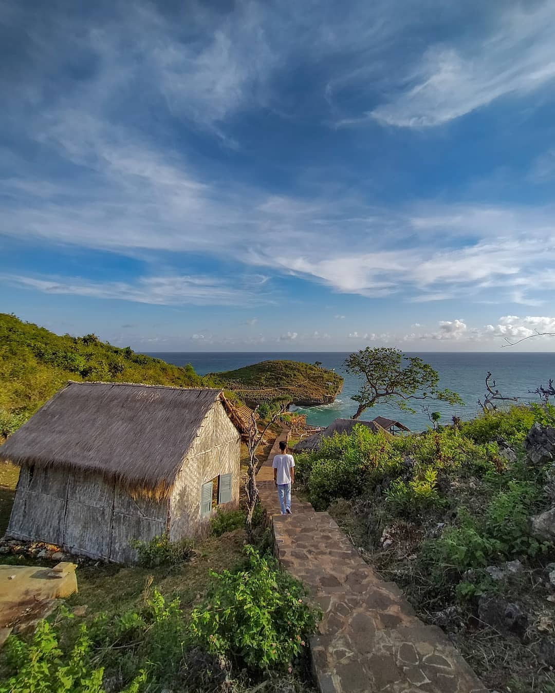 A person walking down a path towards the iconic tree at Kesirat Beach with a traditional hut on the side.