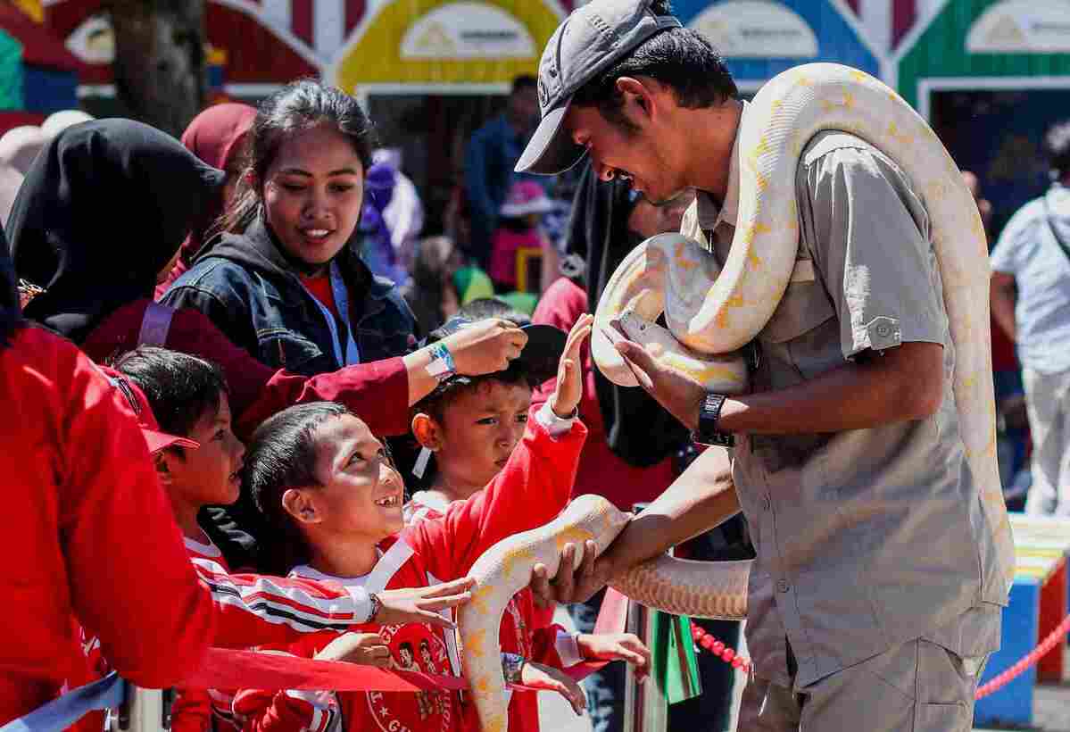 Children touch a large snake held by a zookeeper at Suraloka Interactive Zoo.