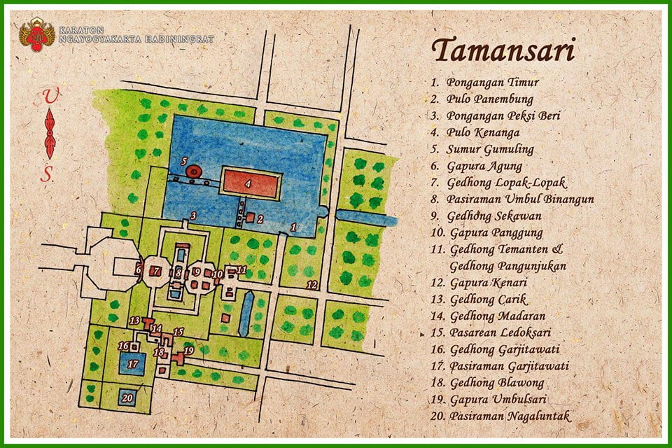 A detailed map of the Taman Sari complex in Yogyakarta, showing various structures and locations.