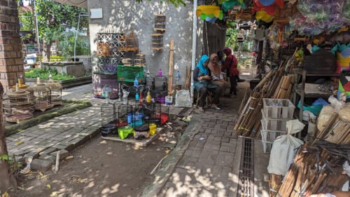 Women sitting near bird cages and accessories at PASTY market in Yogyakarta.