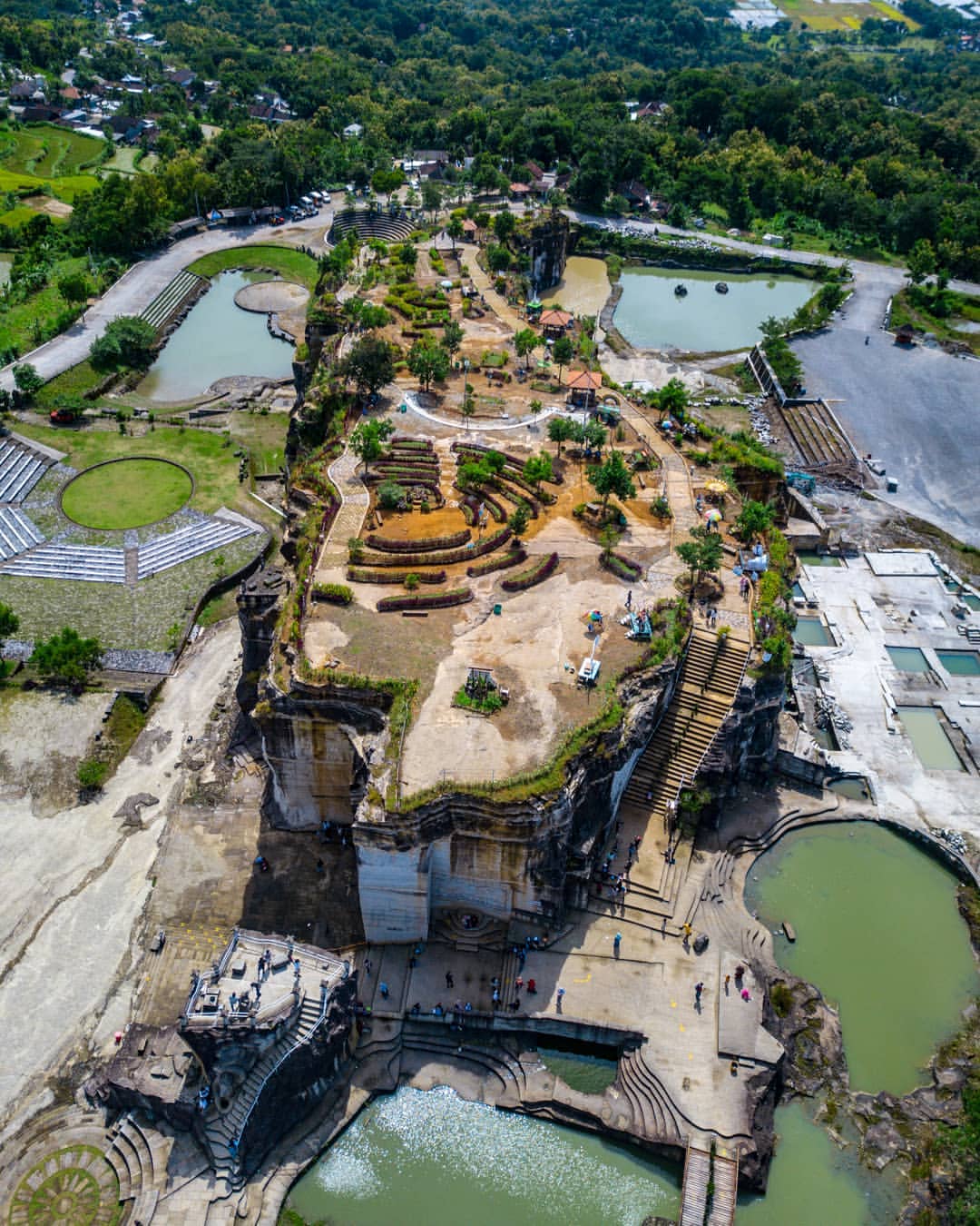 Aerial view of Breksi Cliff with its beautifully landscaped top and surrounding areas.