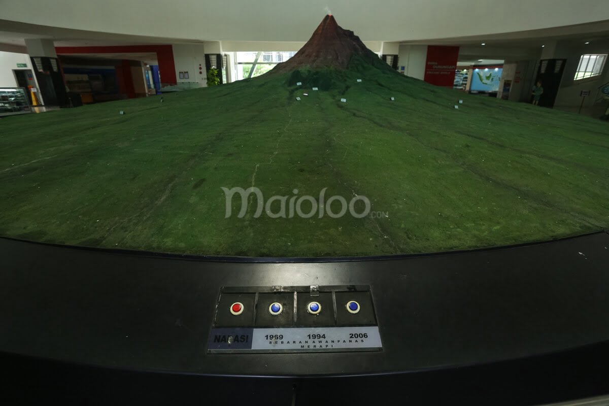 A large model of Mount Merapi inside the museum with buttons to illustrate eruptions.