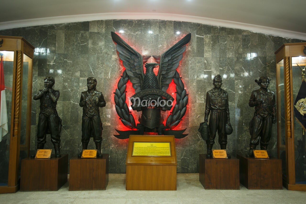 Statues of Indonesian Air Force personnel and a large emblem displayed at the front of Dirgantara Mandala Museum.