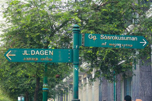 Street signs pointing to Sosrokusuman and Dagen Street in Yogyakarta.