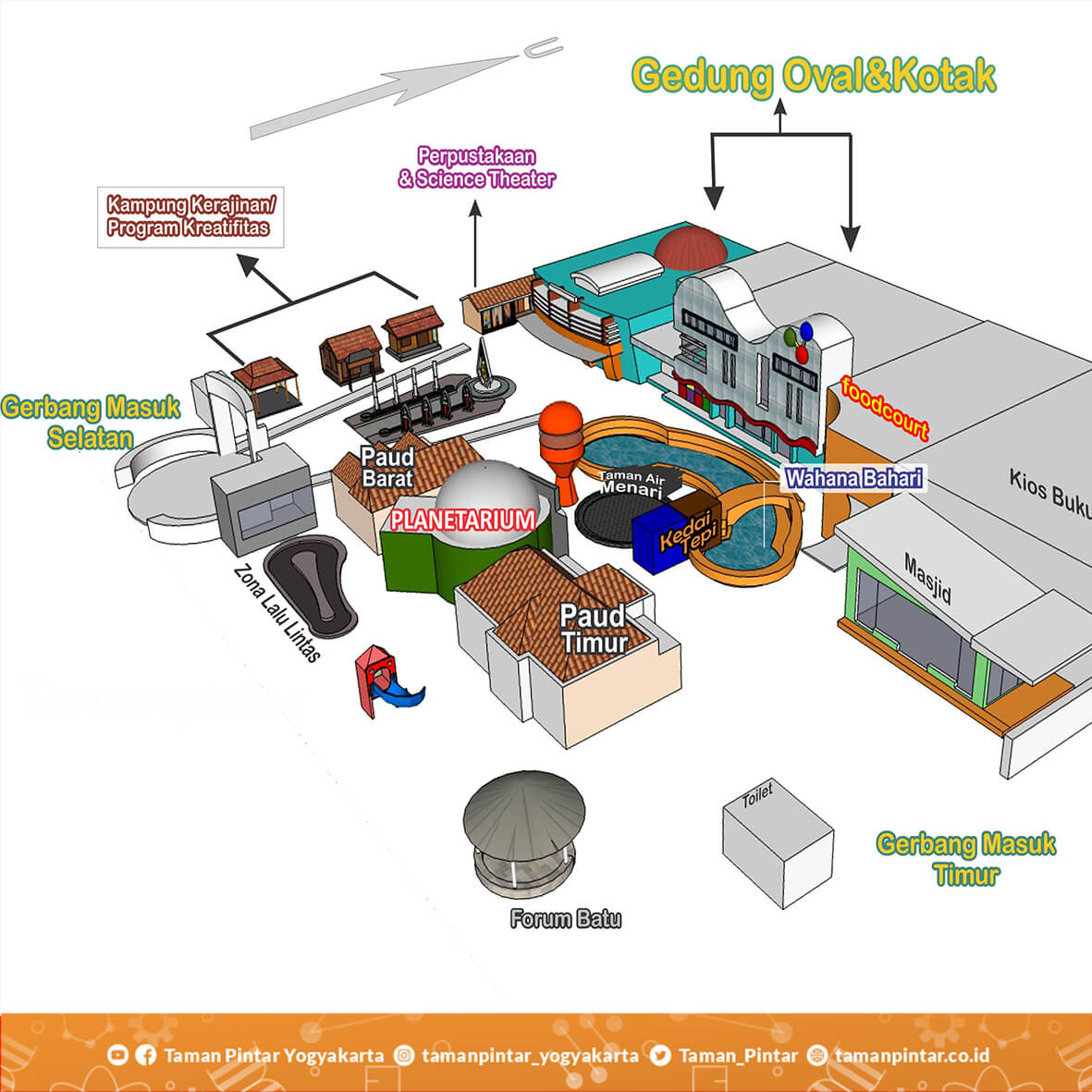 Map of Taman Pintar Yogyakarta showing different zones and attractions.