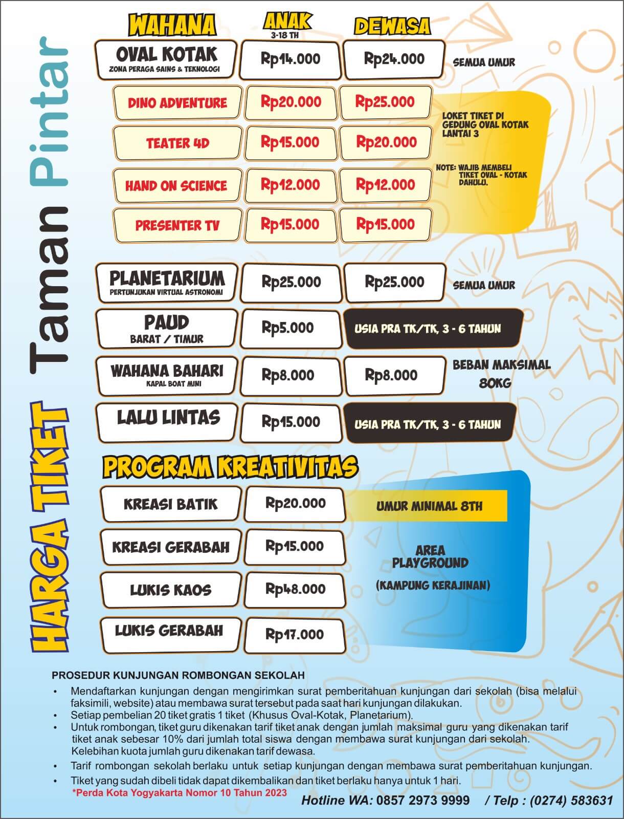 Price list for various attractions and activities at Taman Pintar Yogyakarta, including costs for children and adults.