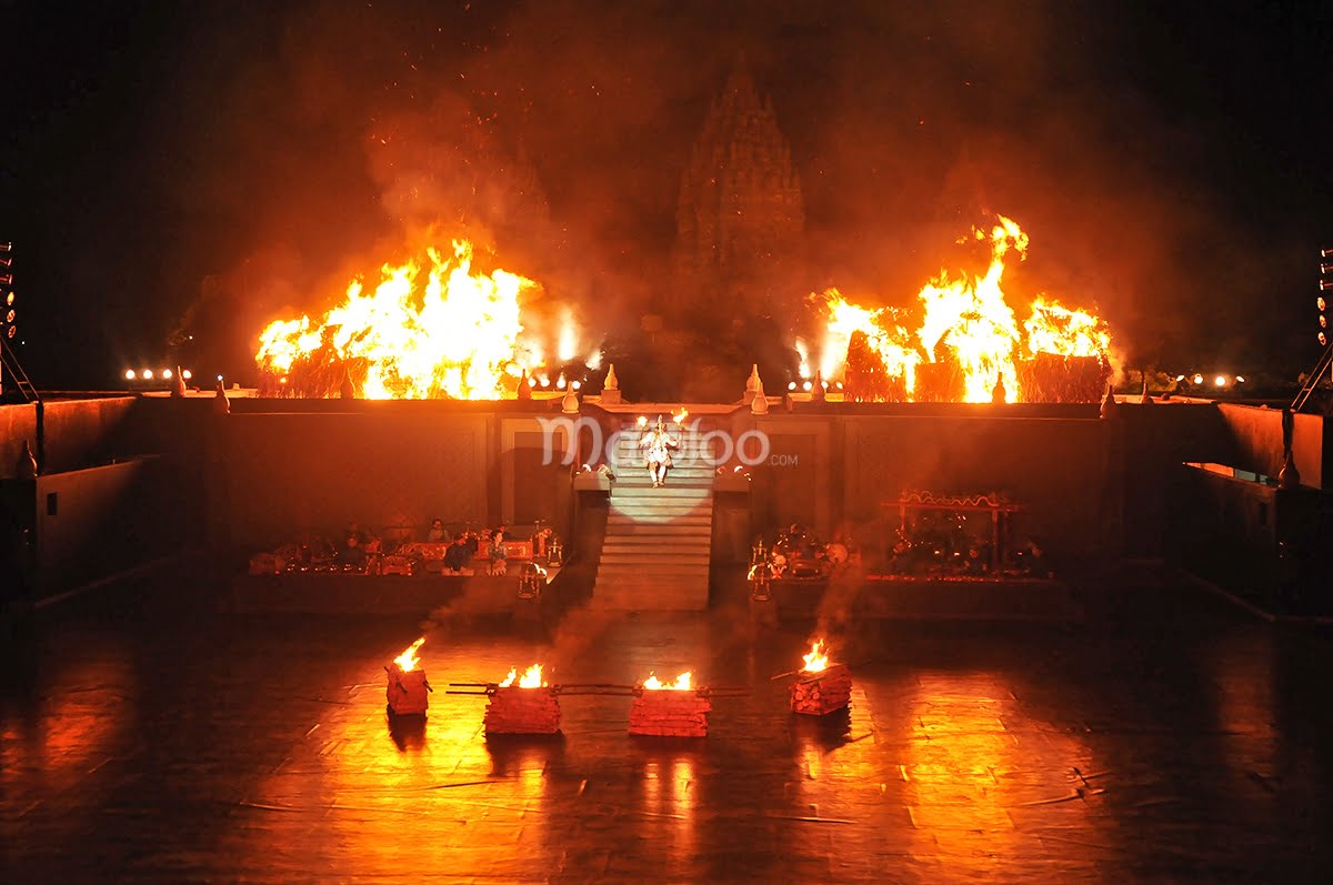 Hanuman surrounded by flames during a scene in the Ramayana Ballet at Prambanan.