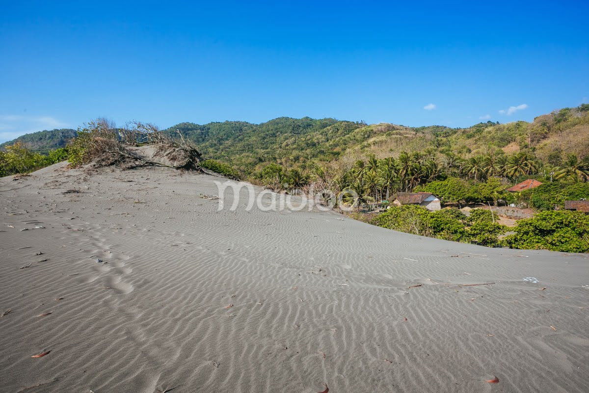 A sandy dune with a backdrop of green hills and trees under a clear blue sky.