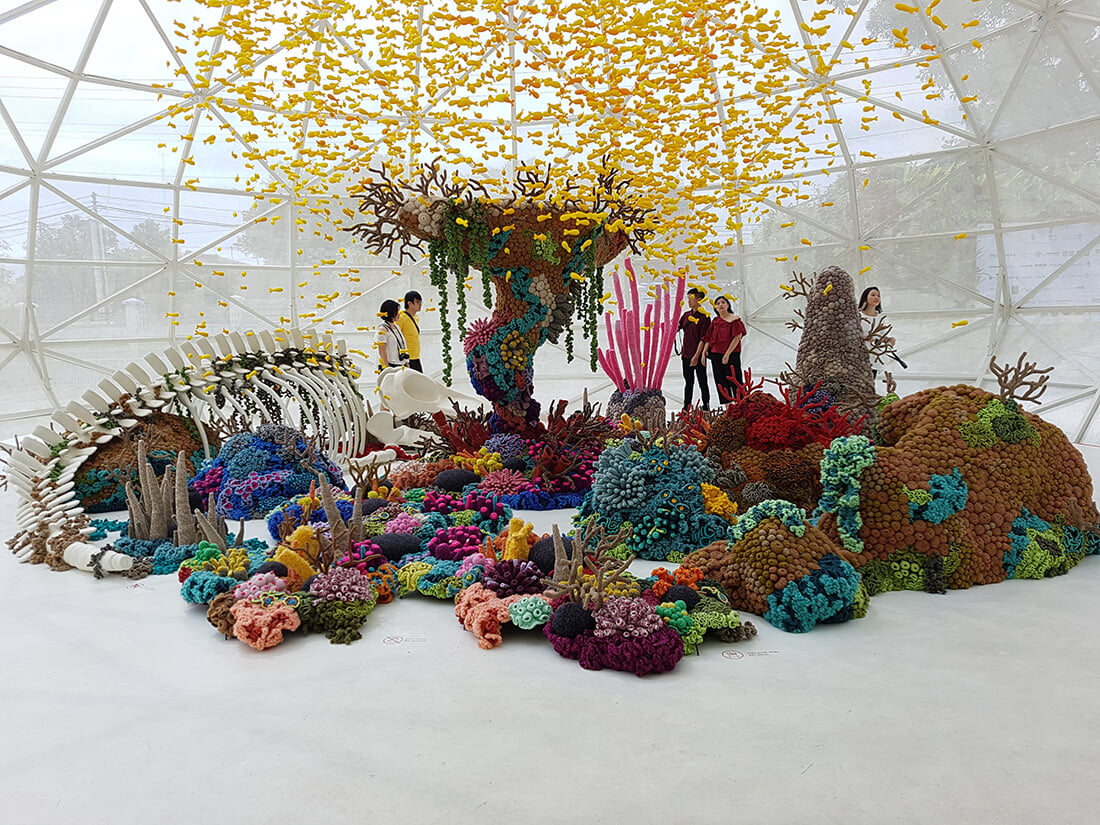 A colorful underwater-themed art installation at a temporary exhibition in Jogja National Museum.