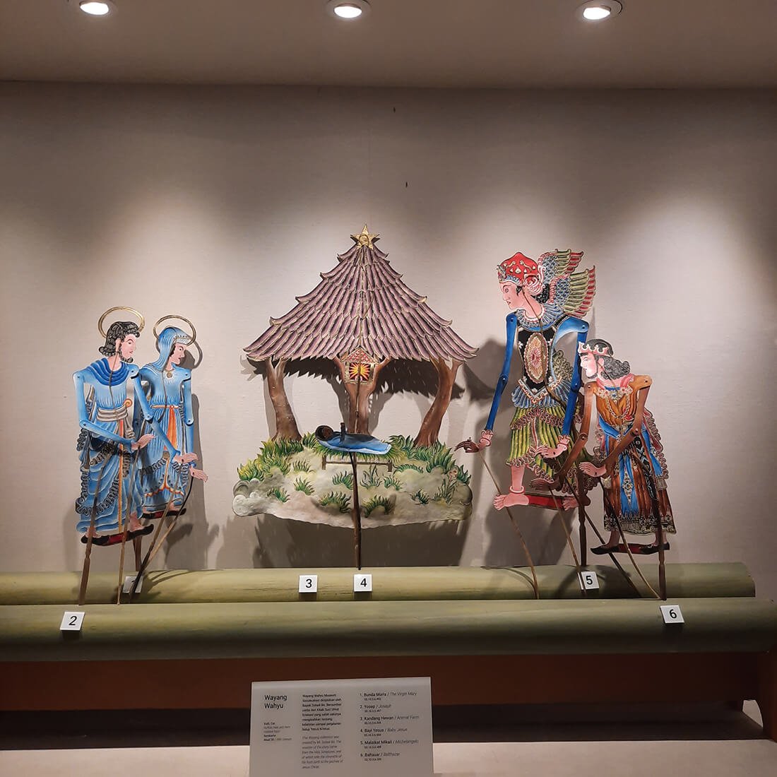 A display of wayang kulit puppets arranged in a scene at the Sonobudoyo Museum.