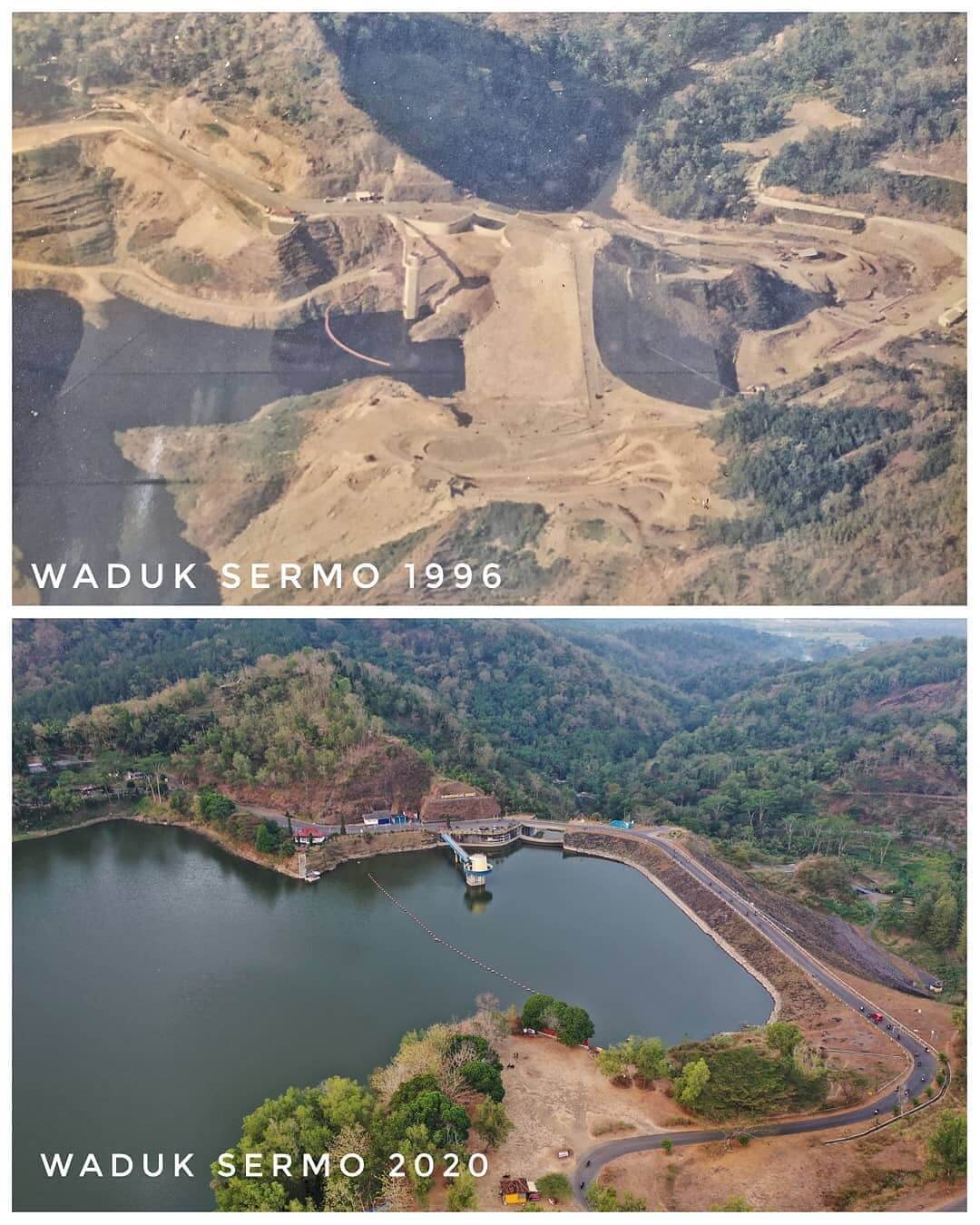 A comparison of Sermo Reservoir in 1996 during its construction and in 2020 after its completion, surrounded by green hills.