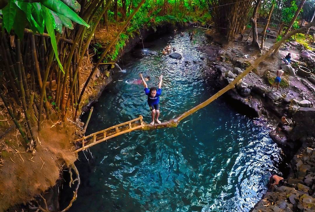 A person jumping into the clear blue waters from a makeshift bamboo bridge at Tirta Budi Bathing Place, surrounded by thick vegetation and rocks with people swimming in the background.