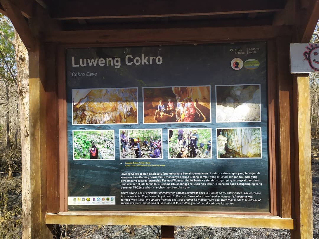 Information board about Luweng Cokro (Cokro Cave) in Umbulrejo Village, featuring images of the cave’s interior and visitors.