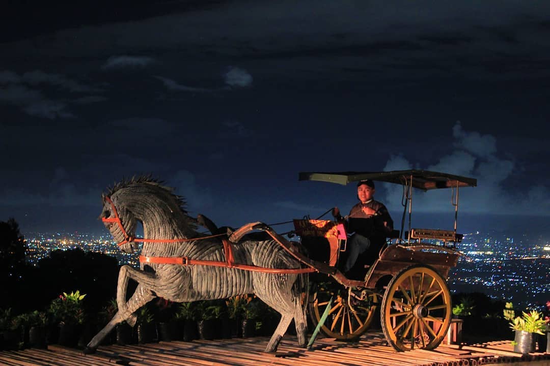 A person sitting in a horse-drawn carriage installation at Mount Mungker with city lights in the background at night.