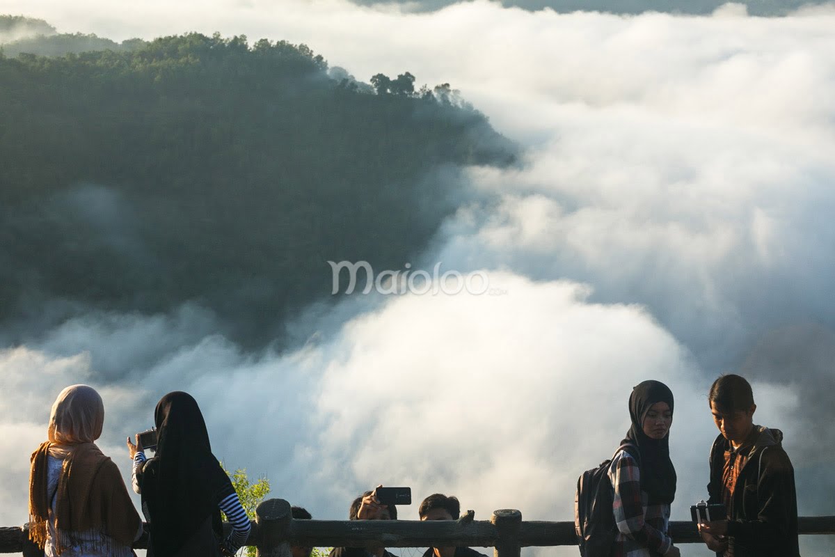 A group of people stands by a railing at Mangunan Fruit Garden, taking photos and enjoying the view of the sea of clouds covering the valley below.