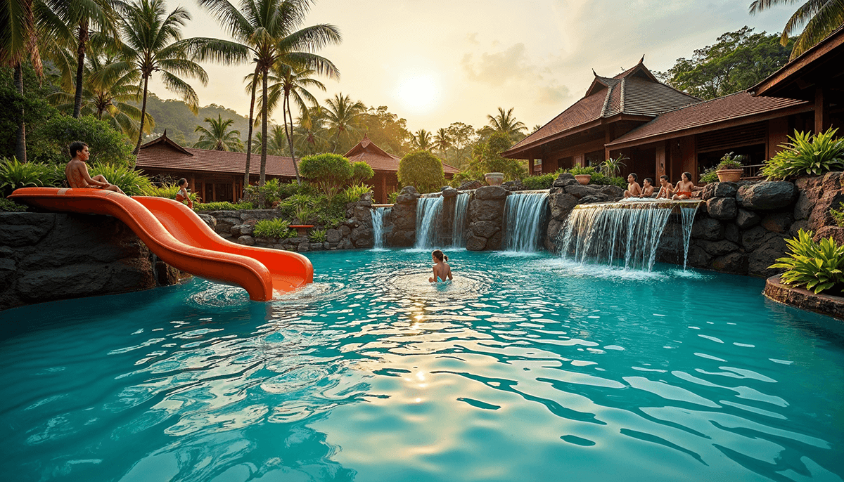 Family enjoying swimming pool with waterfall and slide at a tropical resort.