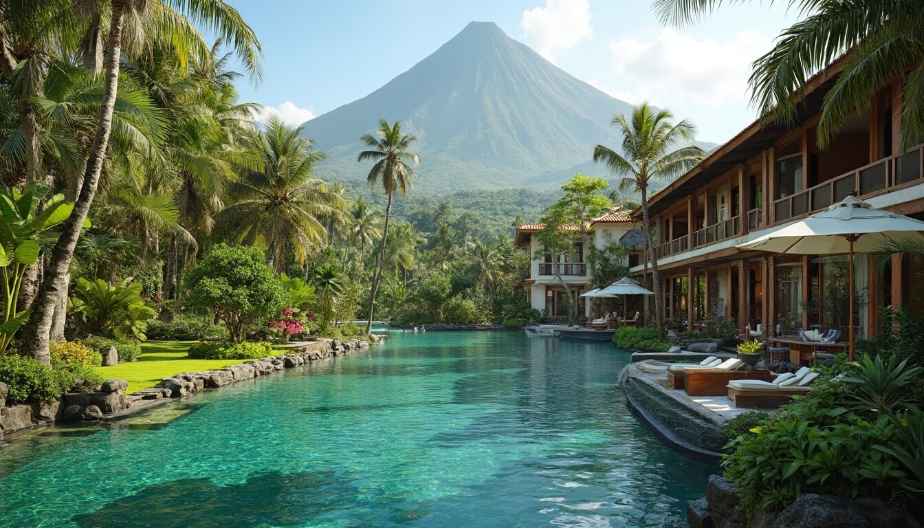 A luxury hotel in Yogyakarta with a clear turquoise pool, lush tropical garden, and a view of a towering mountain.