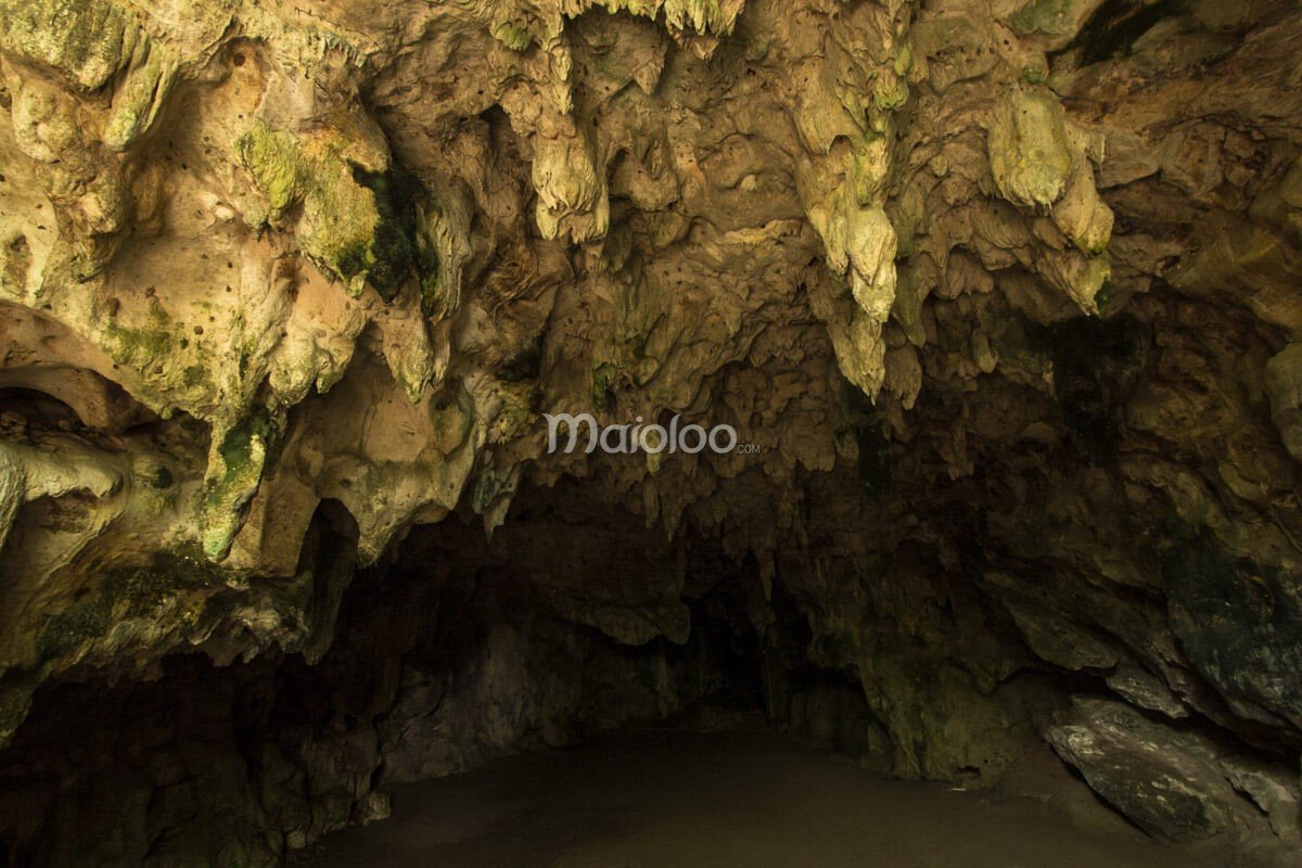 Interior view of Rancang Kencono Cave with stalactites hanging from the ceiling.