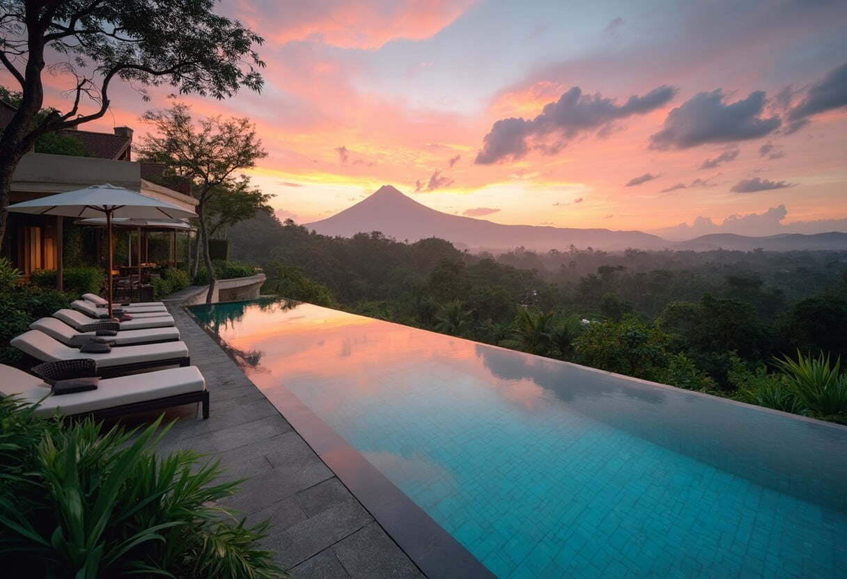 Infinity pool at a Yogyakarta hotel with a view of Mount Merapi at sunset.