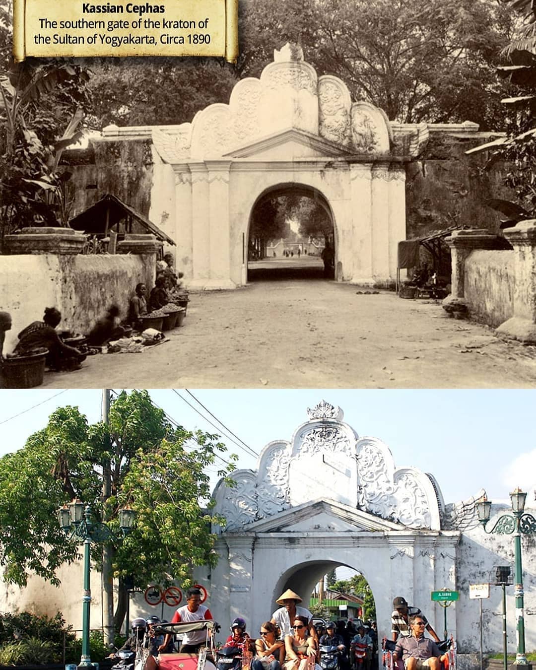 A historical comparison of Plengkung Gading in Yogyakarta. The top image is from 1890, showing the gate surrounded by trees and fewer structures. The bottom image is more modern, with tourists and locals passing under the now busier gate, which remains mostly unchanged.