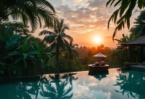 Two guests relax by a stunning infinity pool surrounded by tropical greenery, overlooking a breathtaking sunset in Yogyakarta. Palm trees and vibrant foliage frame the serene landscape, creating a perfect tropical retreat.