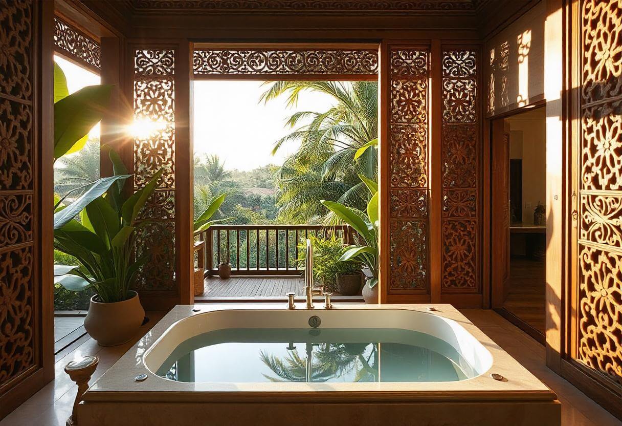 An opulent bathroom setting featuring a sunlit in-room bathtub with lush greenery. Intricately carved wooden panels surround the space, offering a tropical and serene view of palm trees and nature beyond. Perfect for a luxurious, relaxing retreat, this Yogyakarta hotel offers an indulgent blend of traditional craftsmanship and modern comfort.