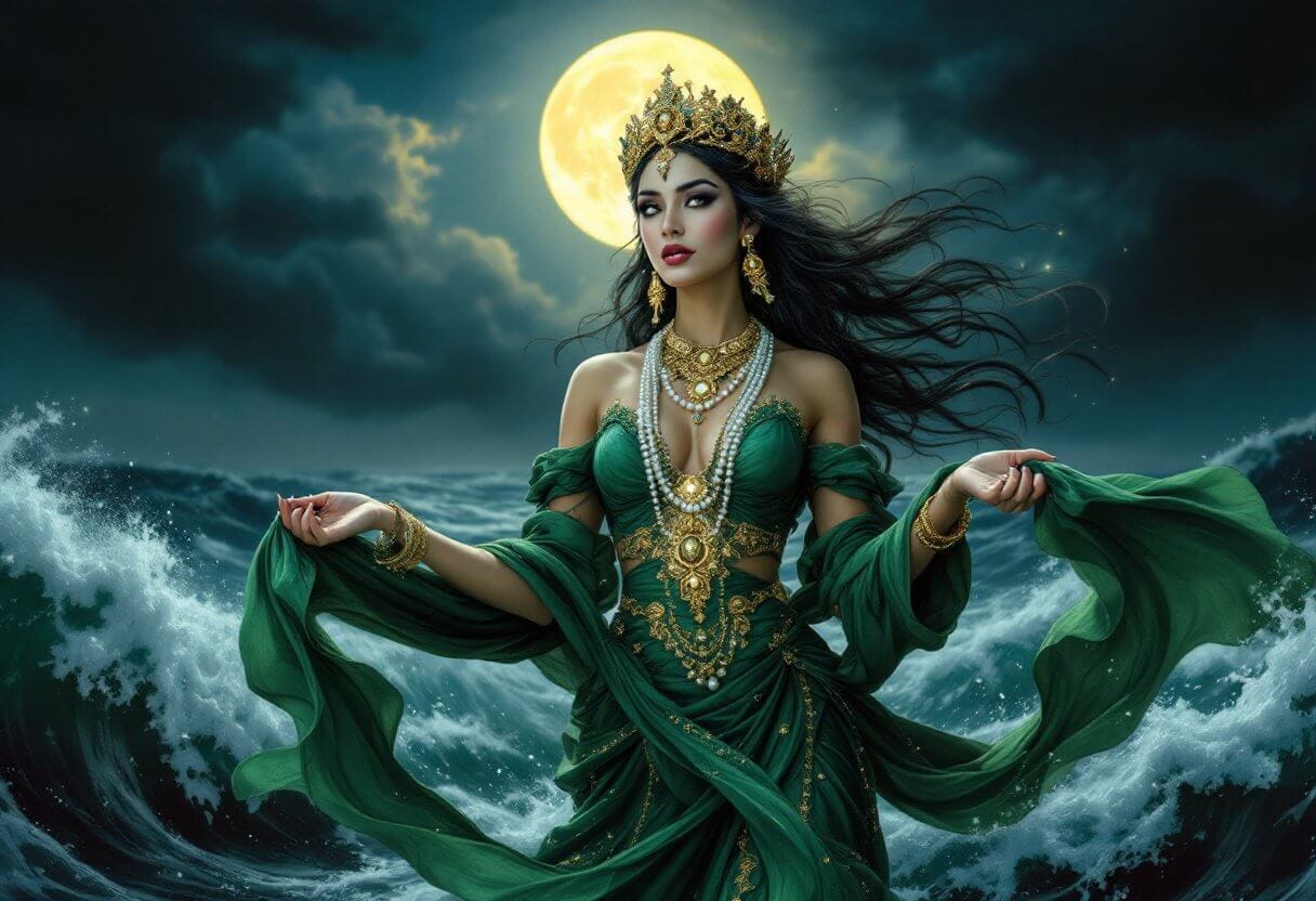 A mystical depiction of Nyi Roro Kidul, the Queen of the South Sea, dressed in an elegant green gown, standing in front of stormy ocean waves under a glowing full moon.