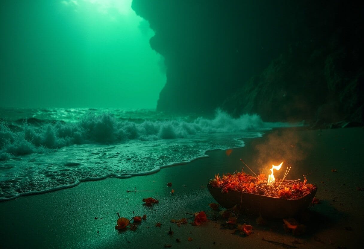 A small fire offering with flowers placed on the beach near the ocean at night, glowing softly as waves crash against the shore under a green-hued sky.