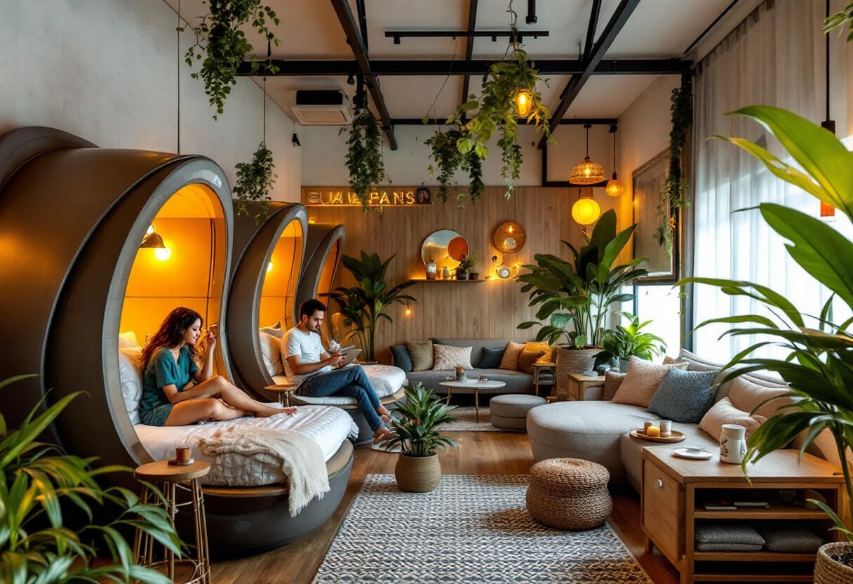 Cozy capsule hotel lounge in Yogyakarta with green plants and relaxing pods.