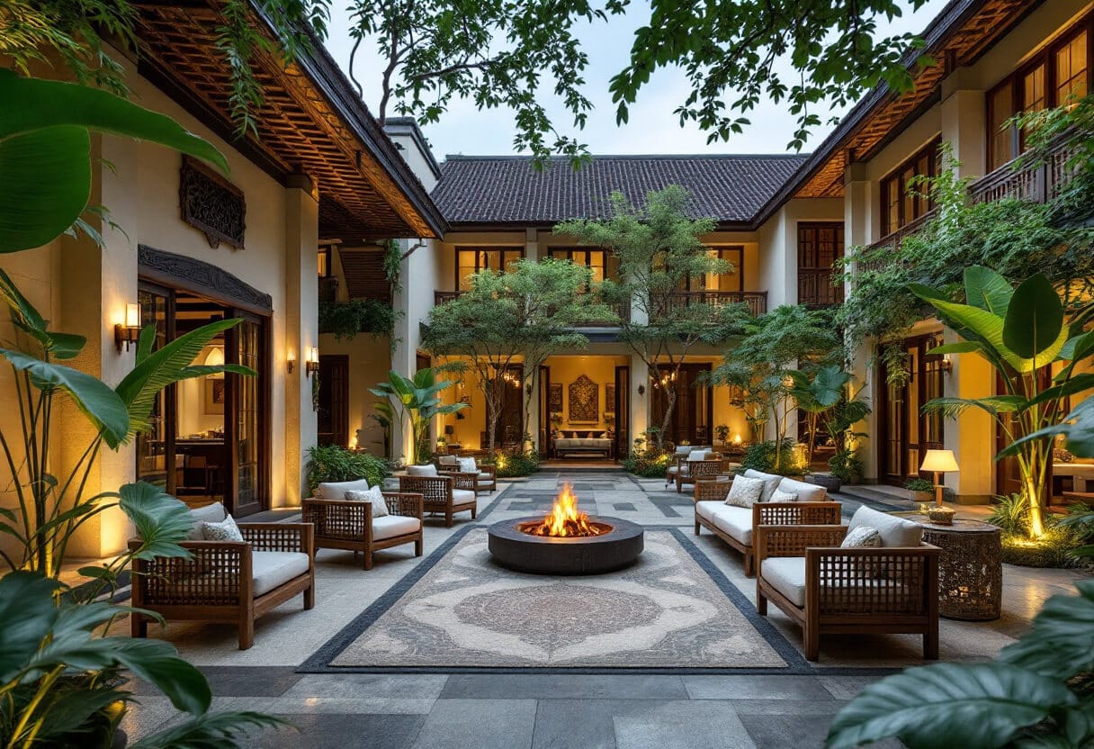 Cozy courtyard with fire pit surrounded by lush greenery and inviting seating in a budget hotel in Yogyakarta.