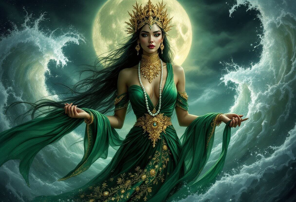 Nyi Roro Kidul depicted as a powerful sea goddess in an ornate green gown, standing confidently before towering ocean waves with a bright full moon glowing behind her.