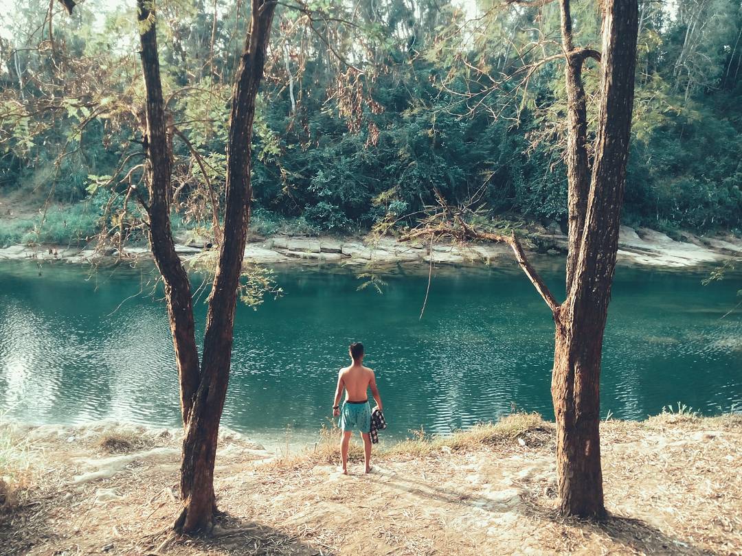 A person standing near the serene green waters of the Oyo River in Wanagama Forest, surrounded by tall trees and natural scenery.