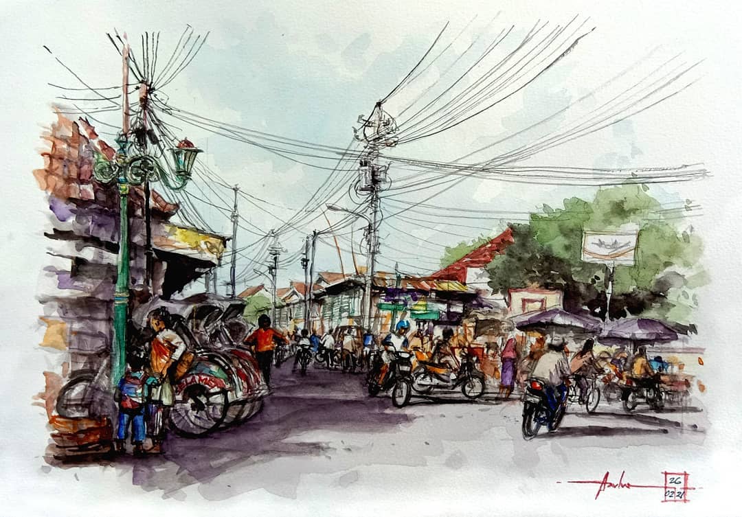 A watercolor illustration of a busy street scene at Kotagede market, filled with people, motorcycles, and traditional becak rickshaws.