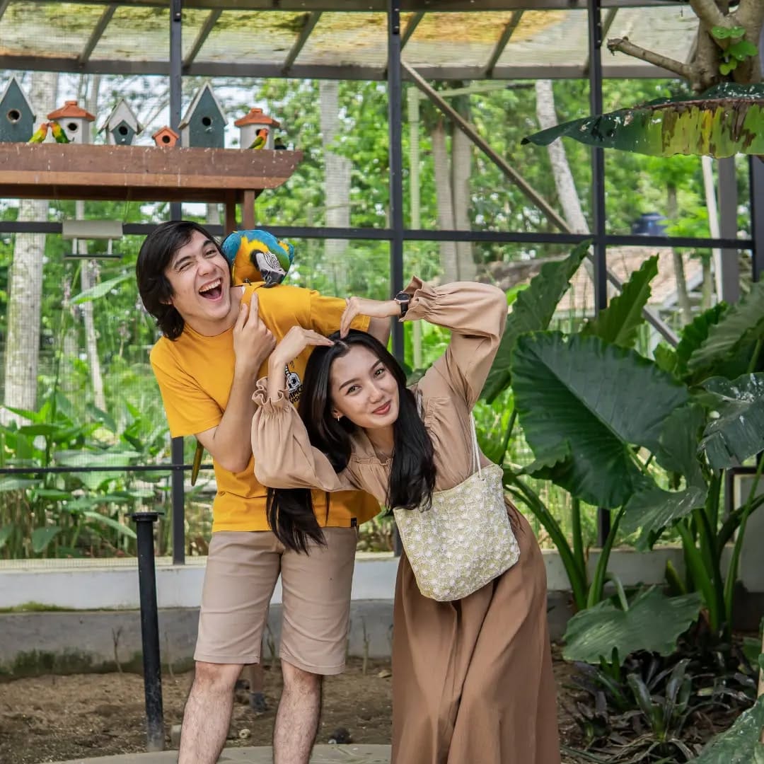 A cheerful couple interacting with a colorful parrot perched on the man's shoulder at Obelix Village, surrounded by greenery and birdhouses.