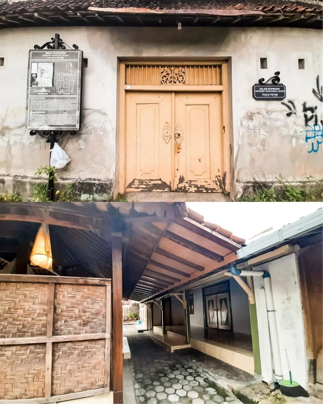 A traditional old house in Kotagede with a faded wooden door and a historical sign outside, leading to a wooden, roofed corridor inside.