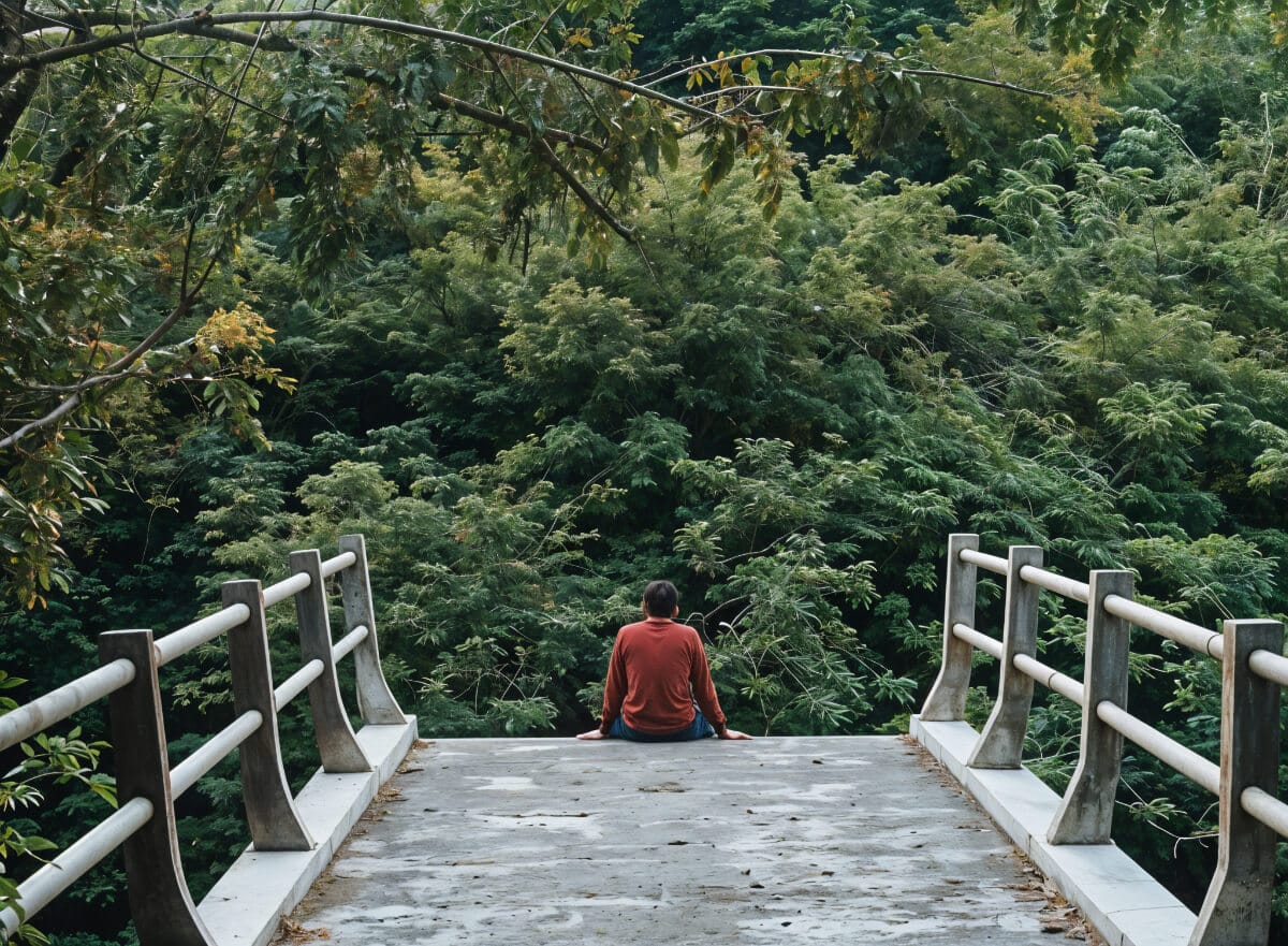 A person sitting at the edge of a bridge in Wanagama Forest, overlooking lush greenery and dense trees.