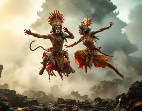 Dancers performing the Sugriwa Subali Ballet in traditional Javanese costumes, depicting a scene of sibling rivalry from the Ramayana.